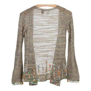 BKE Gimmicks Open Weave Women Tan Raw Edge Chiffon Trim Wool Cardigan Sz Small